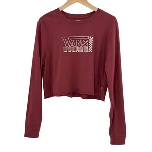 Vans Juniors Long Sleeve Crop Top Red Checkerboard Logo Graphic Tee Shirt Large
